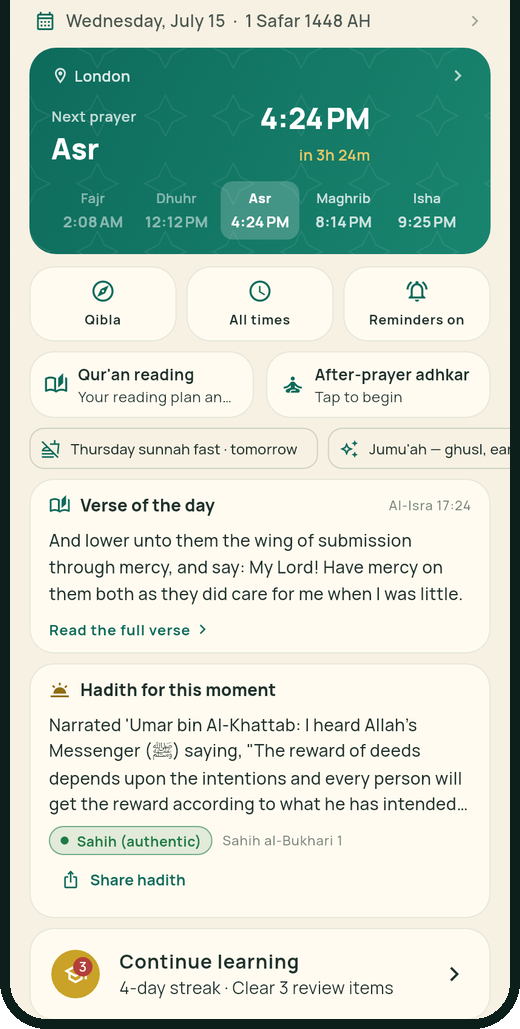 The Learning Heaven home screen: next-prayer countdown, the verse of the day, and a hadith with its grading