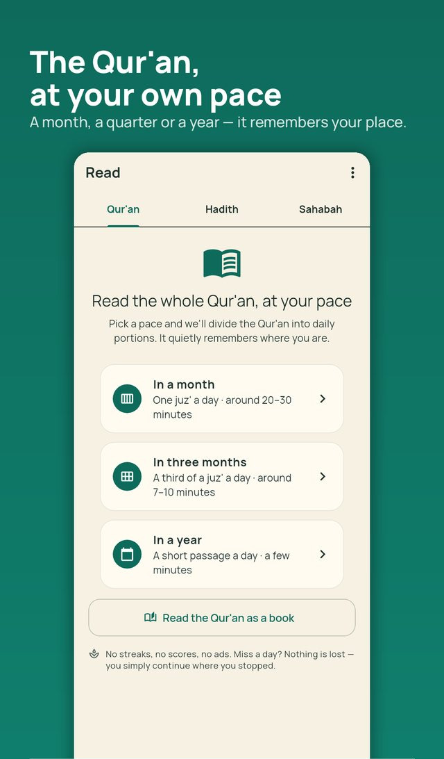 The Qur’an reading plans screen: in a month, in three months or in a year