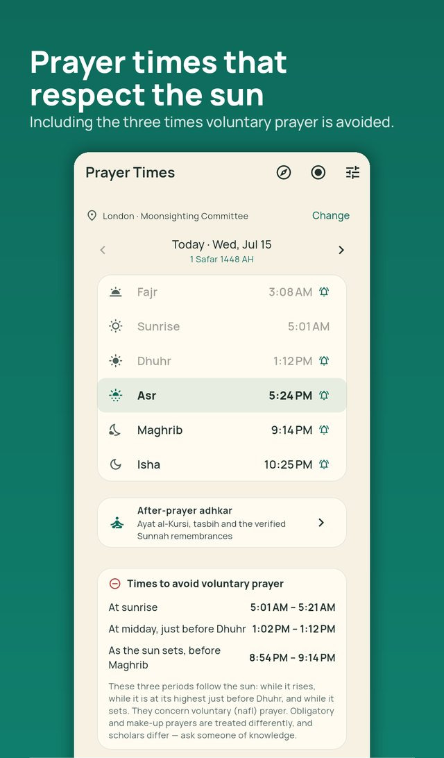 The prayer times screen for London, with the times to avoid voluntary prayer